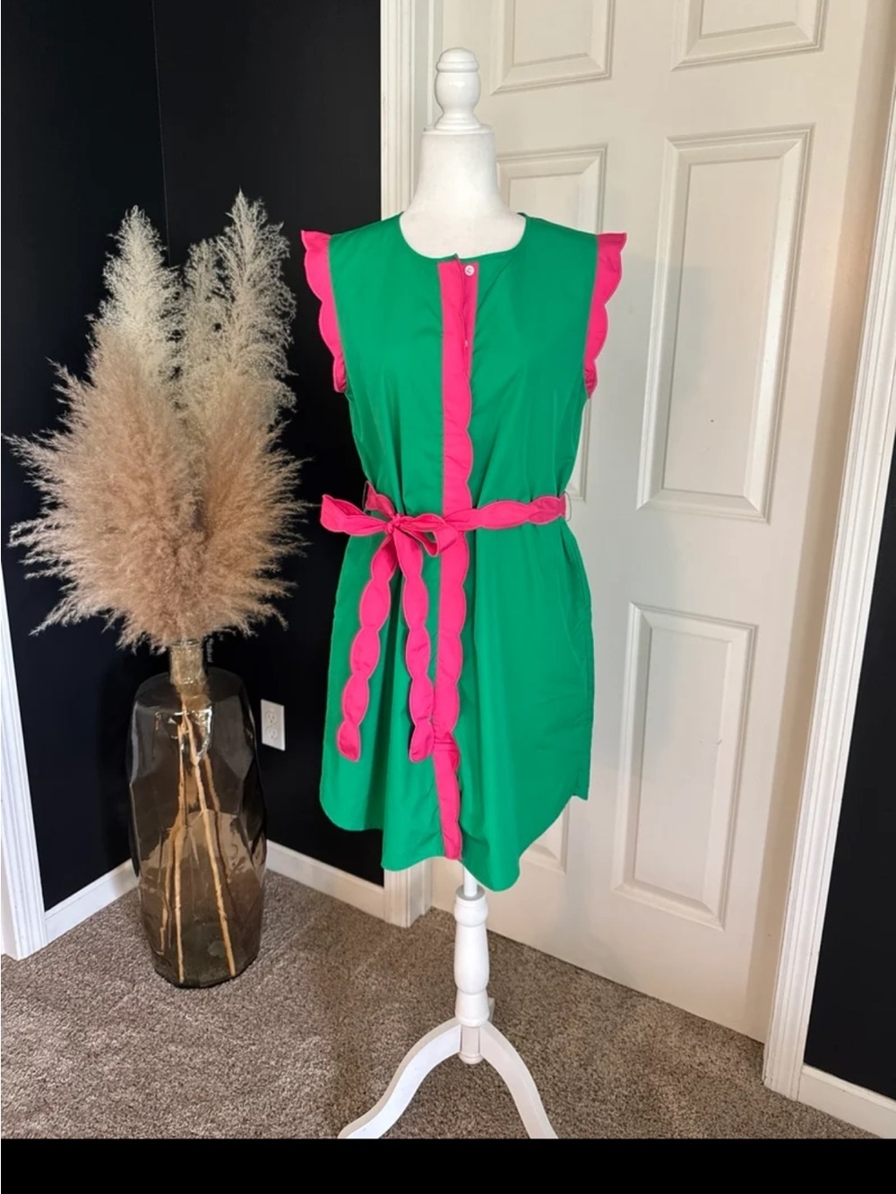 Mary George VIVIAN DRESS in Green with Pink Belted Mini Dress size Medium - Picture 2 of 12